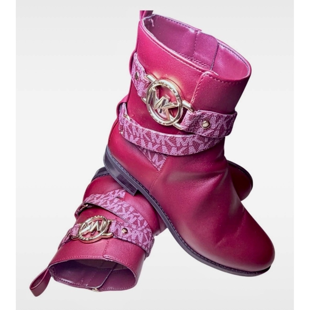 Michael Kors Womens Merlot Monogram Ankle Boots Gold MK Logo Buckle Side Zip